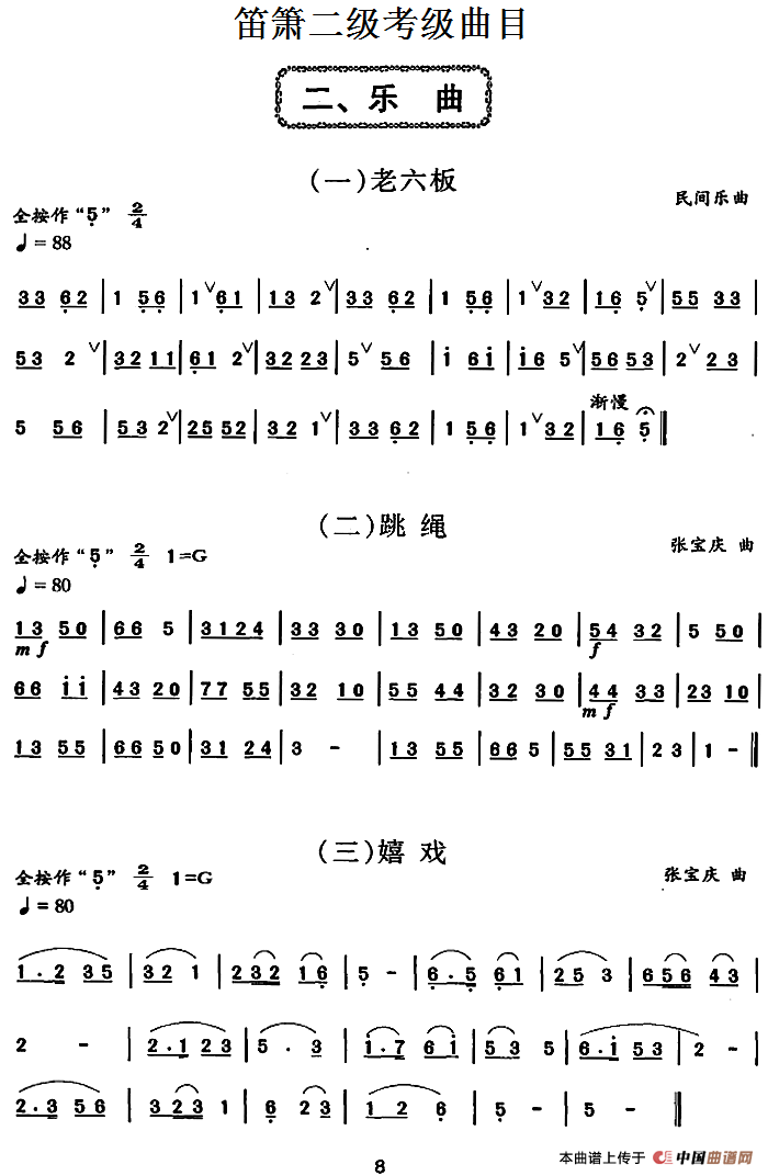 笛箫二级考级曲目:乐曲简谱张宝庆 第1页