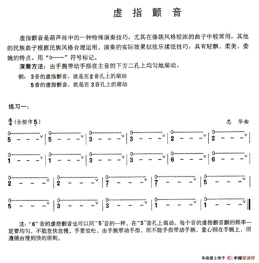 葫芦丝技巧练习之三:虚指颤音练习简谱 第1页
