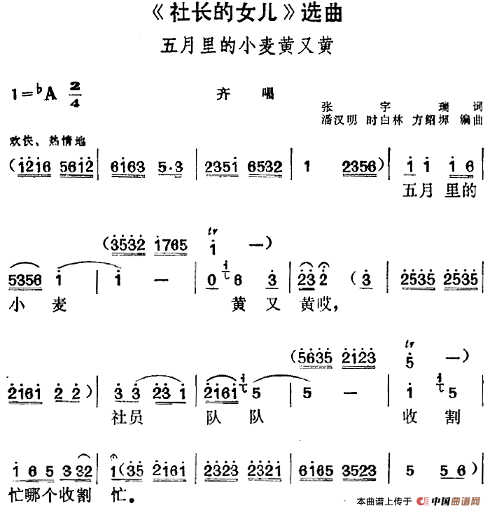社长的女儿选曲:五月里的小麦黄又黄简谱潘汉明 第1页