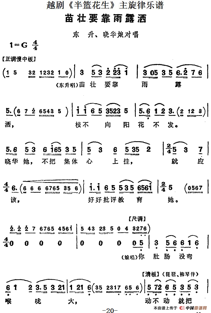 越剧半篮花生全剧主旋律乐谱:苗壮要靠雨露洒简谱 第1页