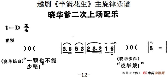 越剧半篮花生全剧主旋律乐谱:晓华爹二次上场配乐简谱 第1页